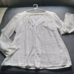 Loft White Blouse  Ruffle Front with tie neck, semi sheer Size Large